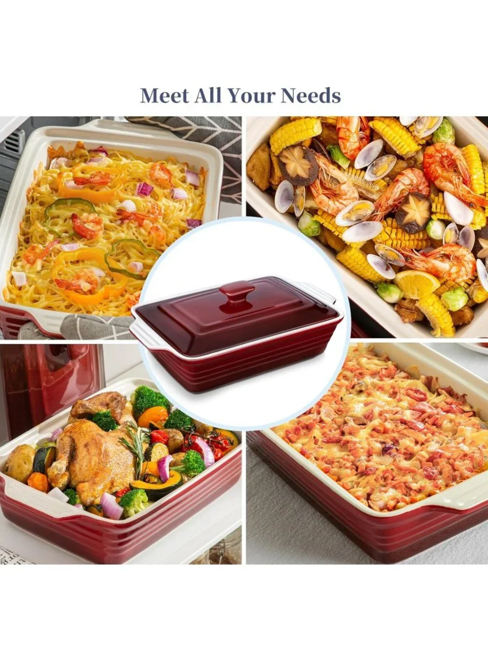 4.5 Quart Gradient Red Ceramic Casserole Dish with Lid Oven Microwave Baking Pan